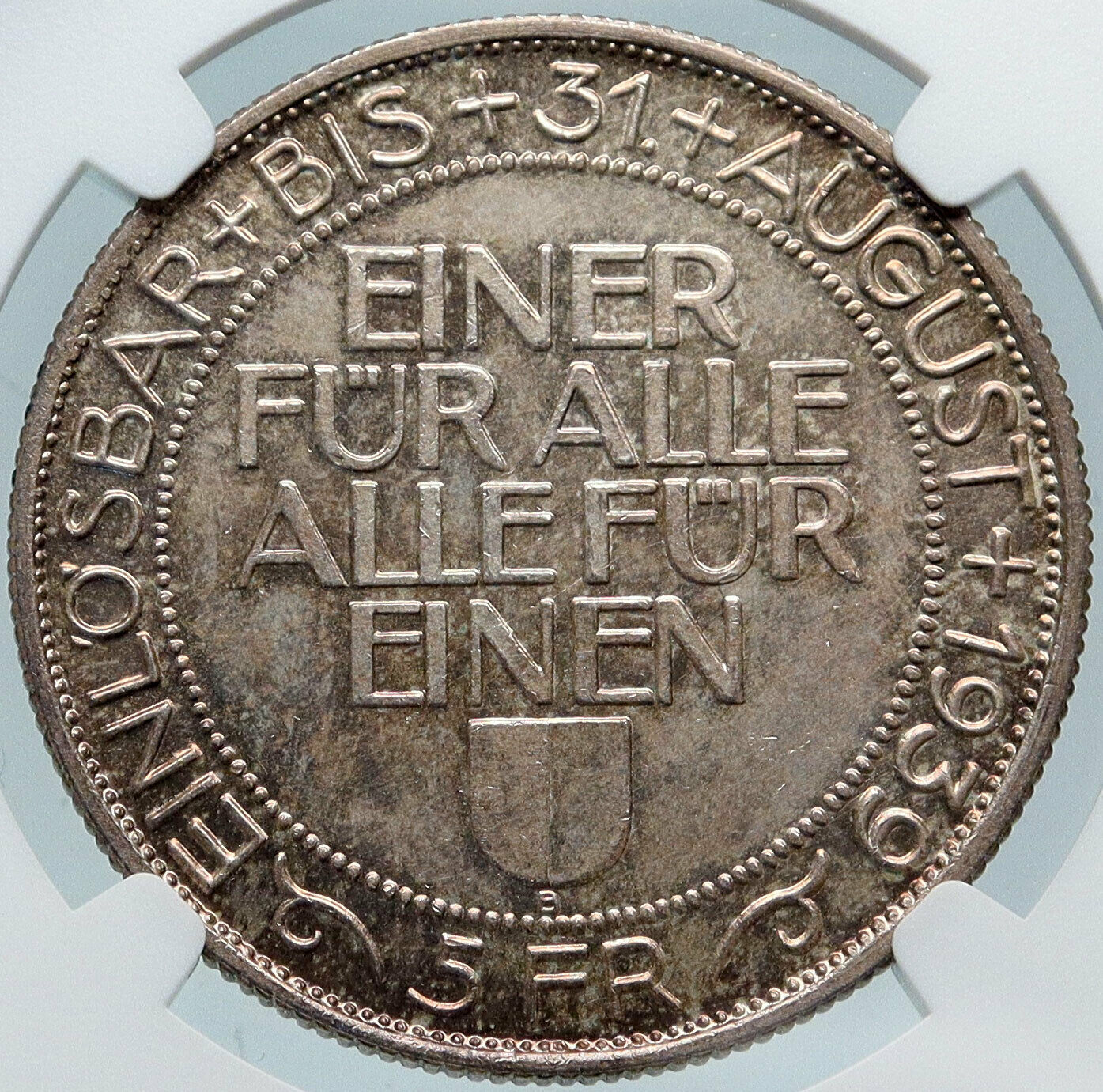 1939 B SWITZERLAND LUCERNE Large Antique Swiss Silver 5 Francs Coin NGC i85316