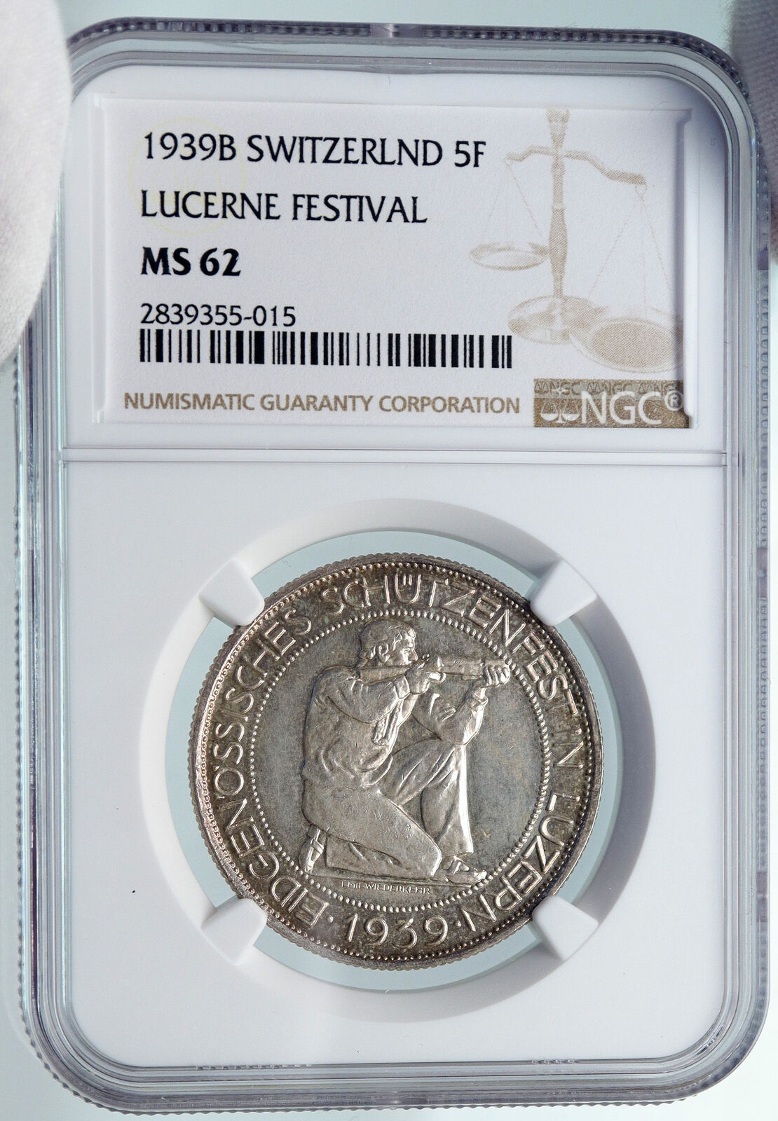 1939 B SWITZERLAND LUCERNE Large Antique Swiss Silver 5 Francs Coin NGC i85316