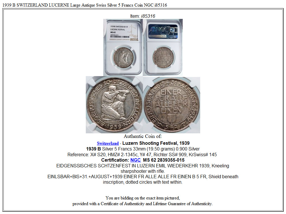 1939 B SWITZERLAND LUCERNE Large Antique Swiss Silver 5 Francs Coin NGC i85316