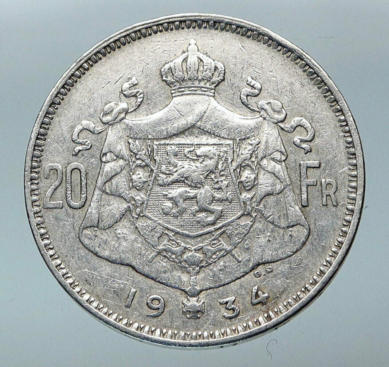 1934 BELGIUM King Albert I Crown Antique Old Genuine Silver 20 Franc Coin i85292