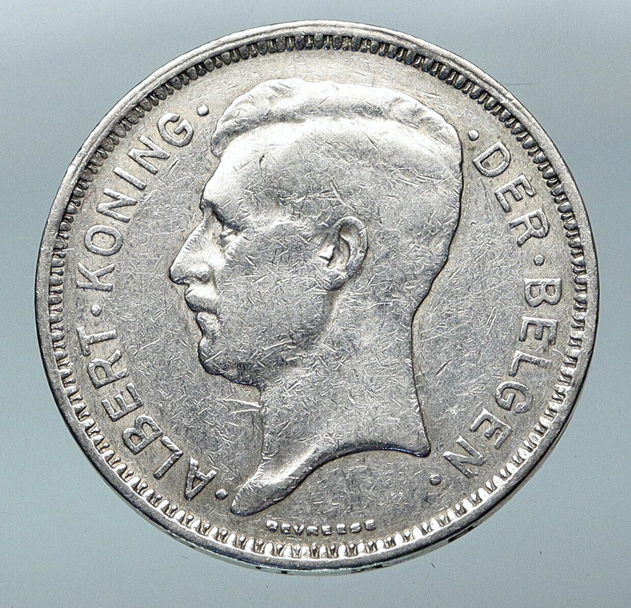 1934 BELGIUM King Albert I Crown Antique Old Genuine Silver 20 Franc Coin i85292