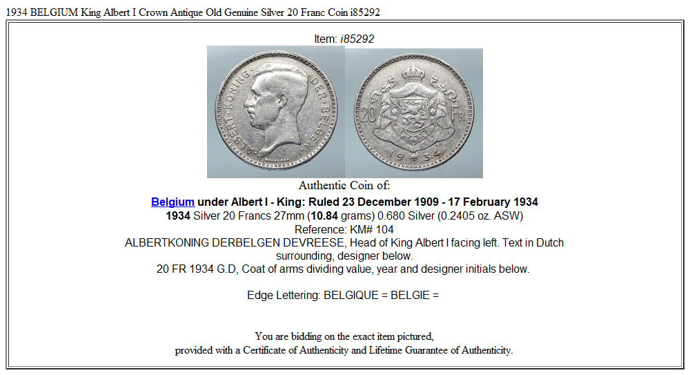 1934 BELGIUM King Albert I Crown Antique Old Genuine Silver 20 Franc Coin i85292