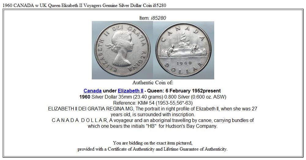 1960 CANADA w UK Queen Elizabeth II Voyagers Genuine Silver Dollar Coin i85280