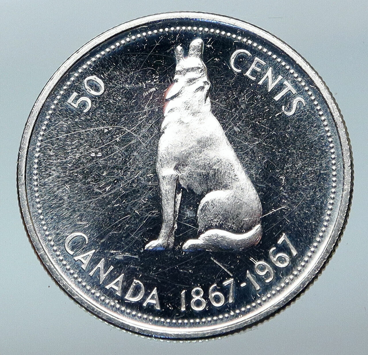 1967 CANADA UK Queen ELIZABETH II Wolf Howls Vintage Silver 50 Cents Coin i85284