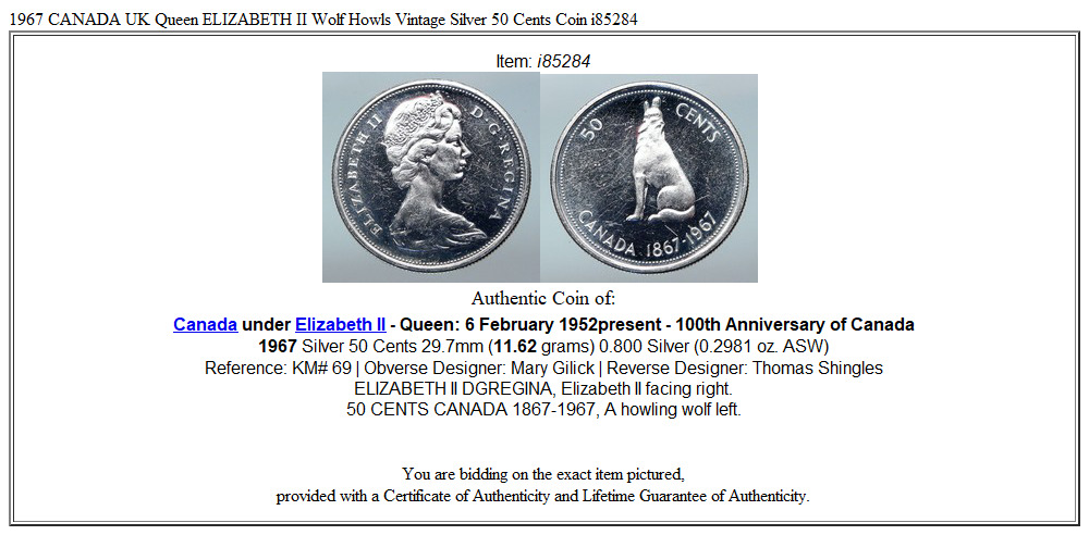 1967 CANADA UK Queen ELIZABETH II Wolf Howls Vintage Silver 50 Cents Coin i85284