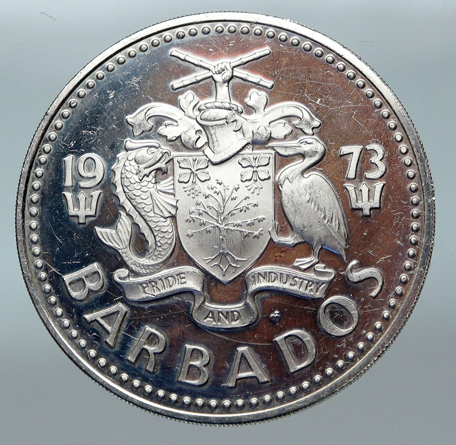 1973 BARBADOS Trafalgar Fountain Arms VINTAGE PROOF Silver 5 Dollars Coin i85291