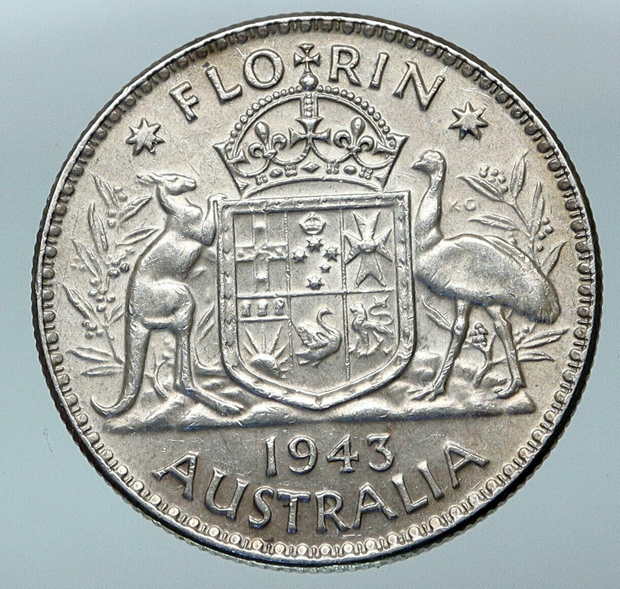 1943 AUSTRALIA Large King George VI Kangaroos Antique Silver Florin Coin i85282