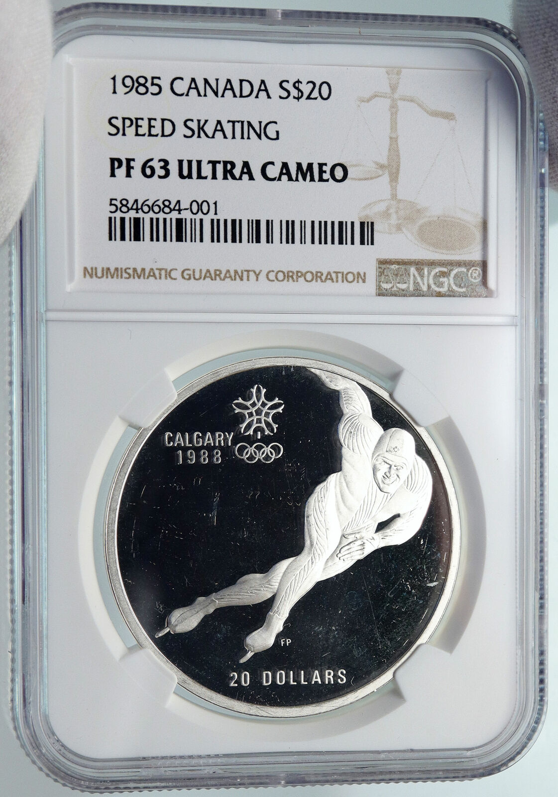 1985 CANADA 1988 CALGARY OLYMPICS Speed Skating Proof Silver $20 Coin NGC i85336