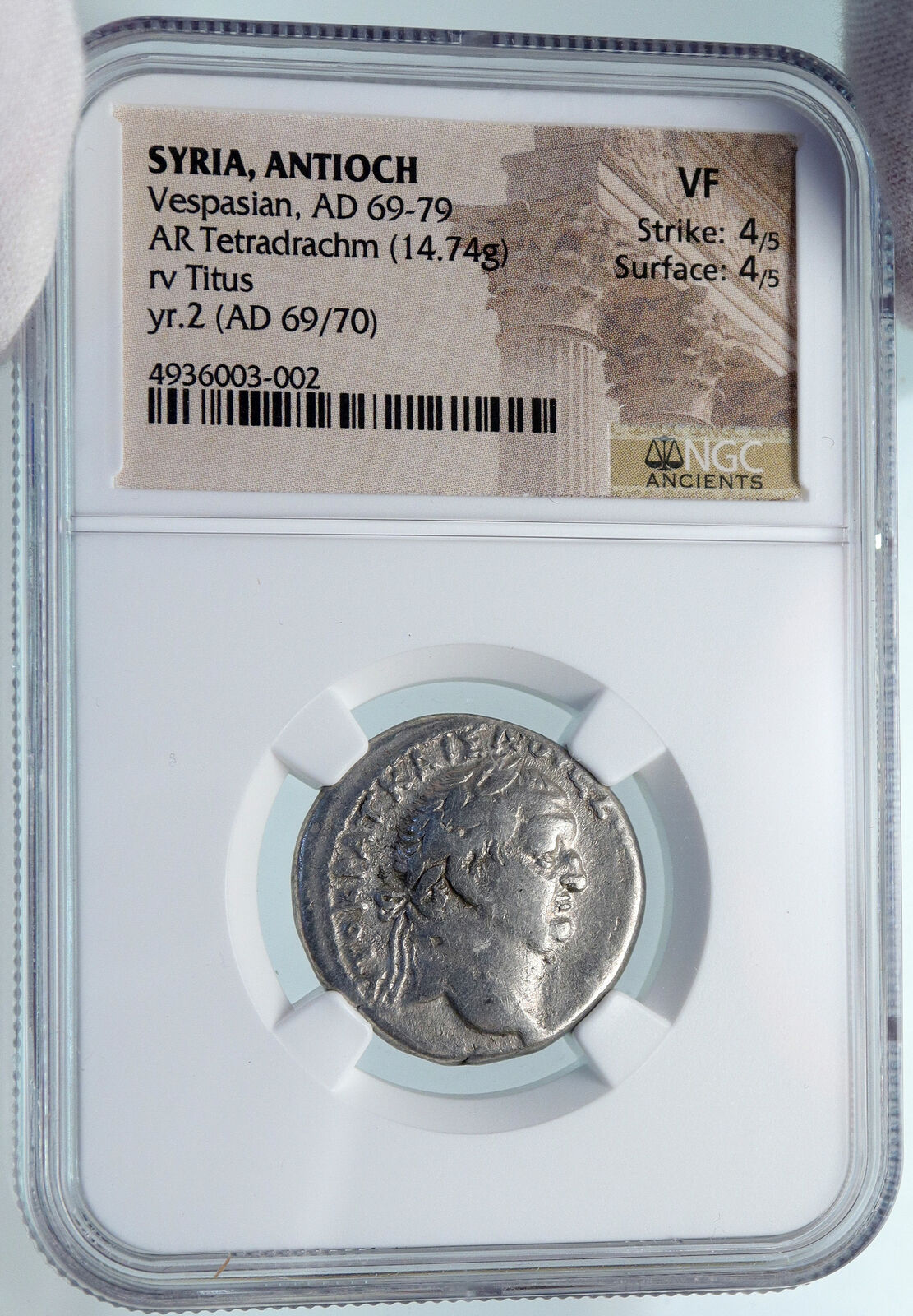 VESPASIAN & TITUS 69AD Rare Silver Roman TETRADRACHM of Antioch Coin NGC i84986