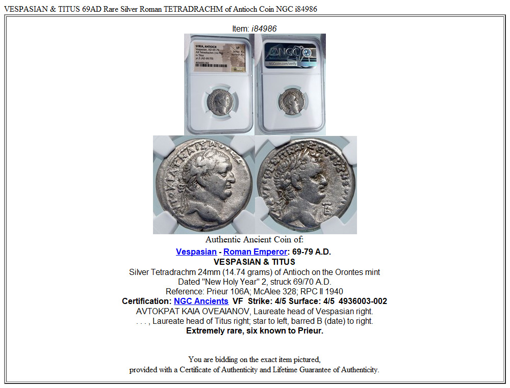 VESPASIAN & TITUS 69AD Rare Silver Roman TETRADRACHM of Antioch Coin NGC i84986