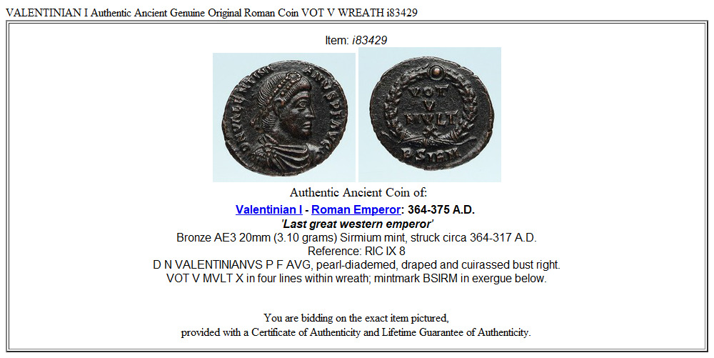 VALENTINIAN I Authentic Ancient Genuine Original Roman Coin VOT V WREATH i83429