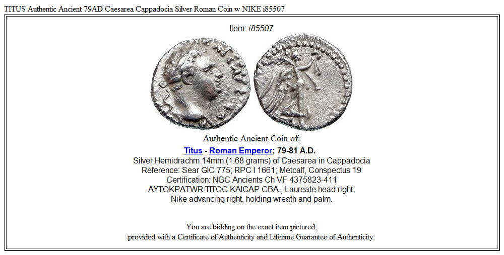 TITUS Authentic Ancient 79AD Caesarea Cappadocia Silver Roman Coin w NIKE i85507