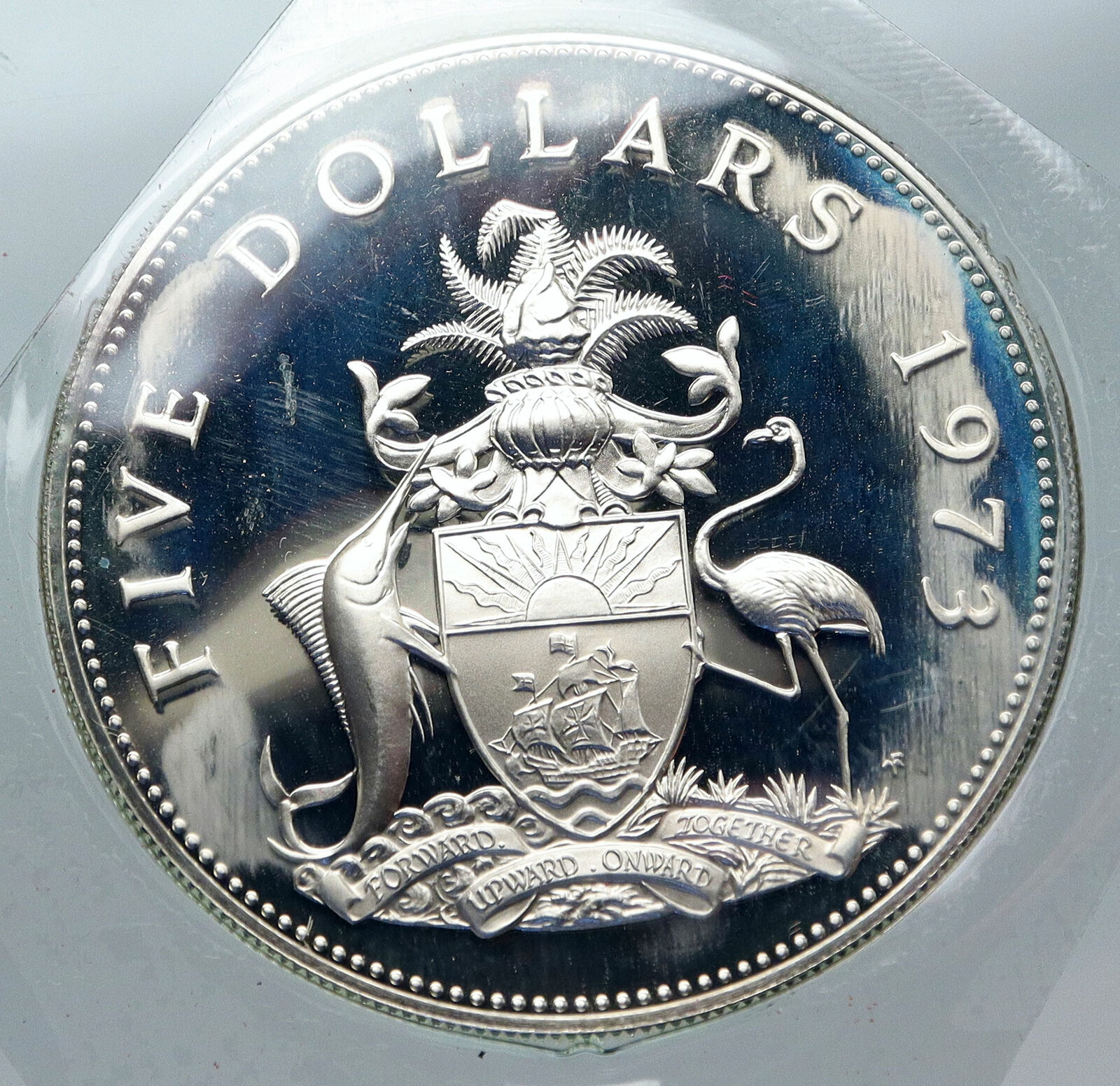 1973 BAHAMAS HUGE Large PIRATE DEFEAT MOTTO Proof Silver 5 Dollars Coin i85613