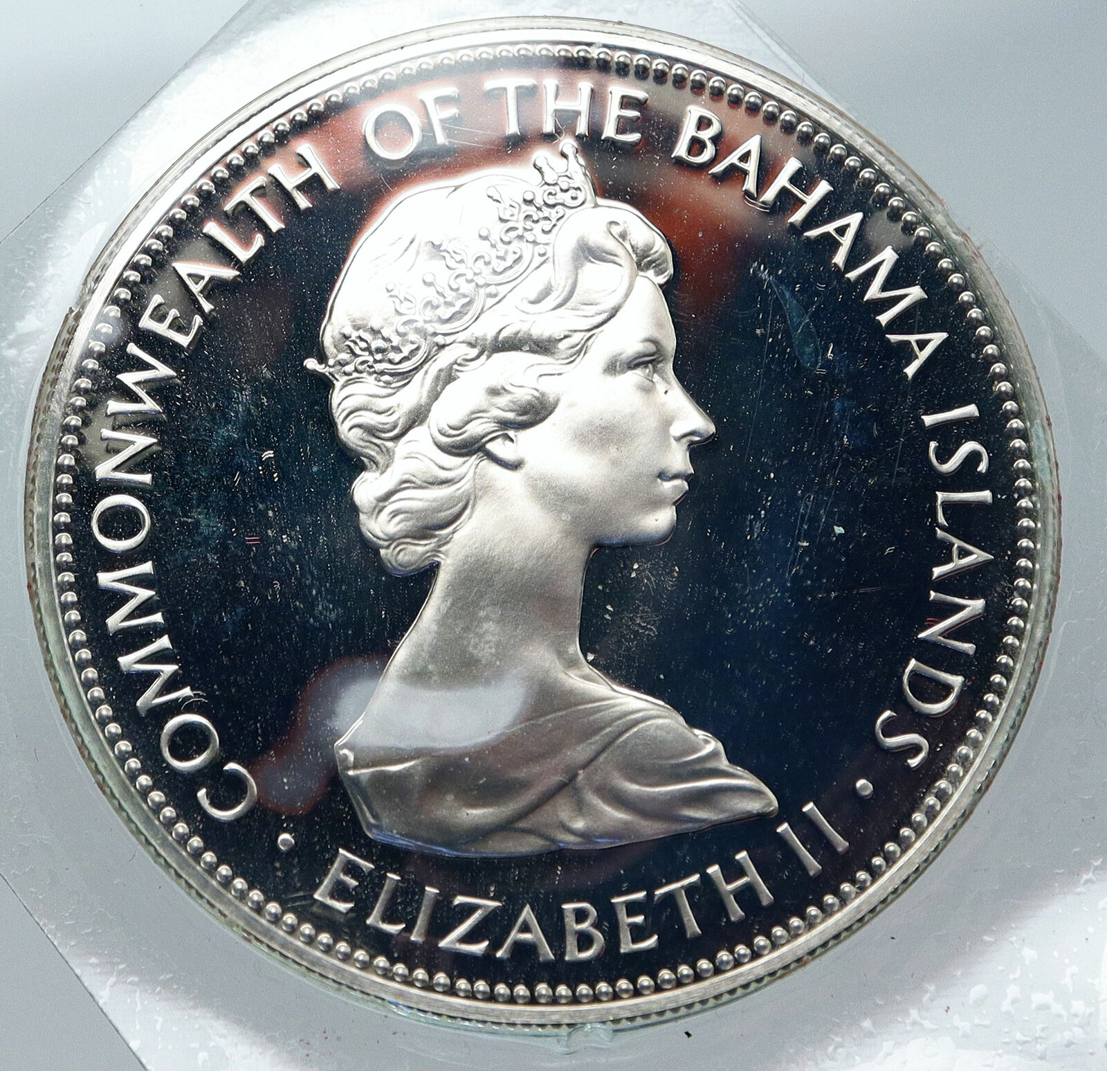 1973 BAHAMAS HUGE Large PIRATE DEFEAT MOTTO Proof Silver 5 Dollars Coin i85613