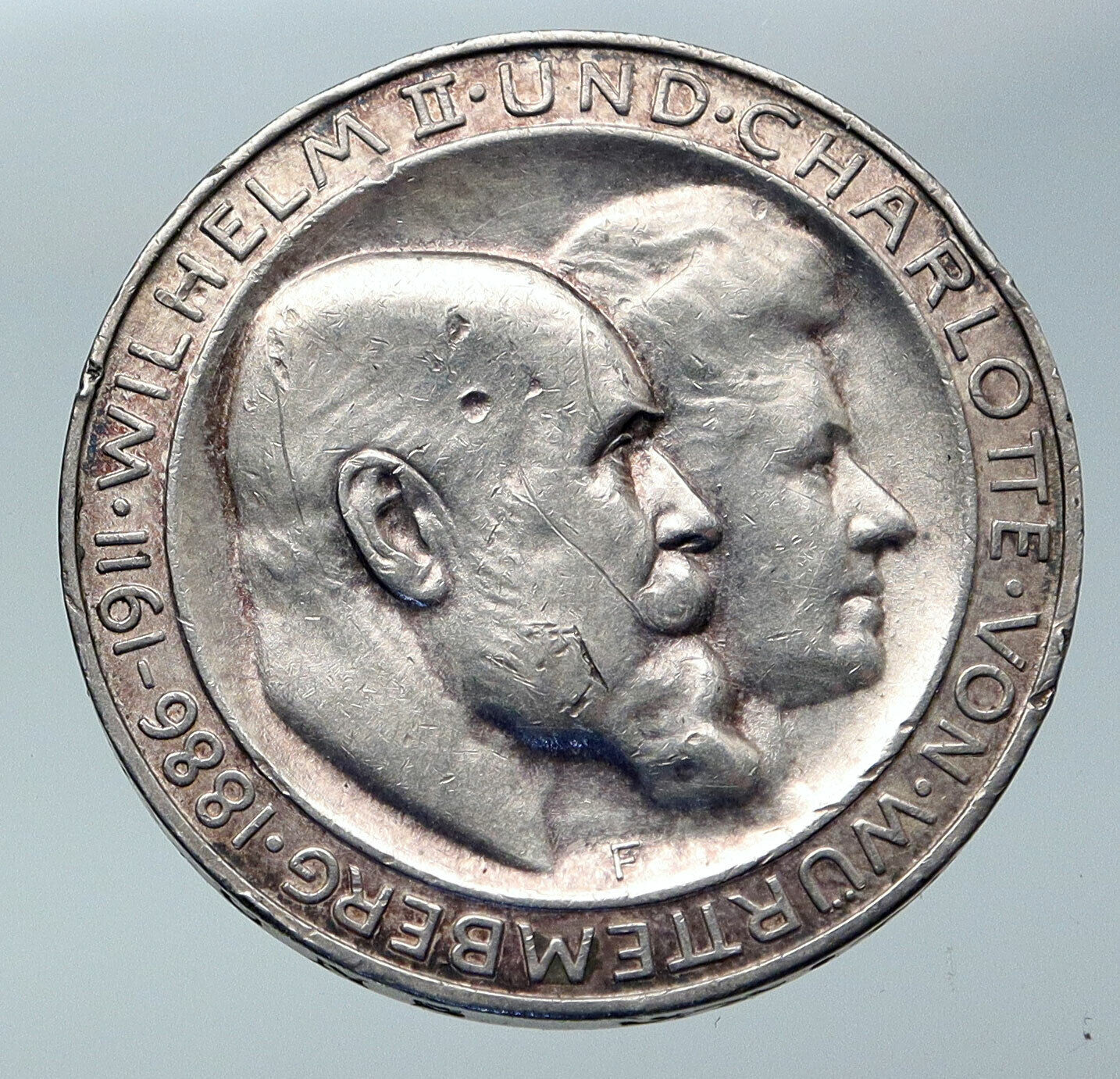1911 WURTTEMBERG KINGDOM Germany WILHELM II Wedding Silver 3 Mark Coin i85847
