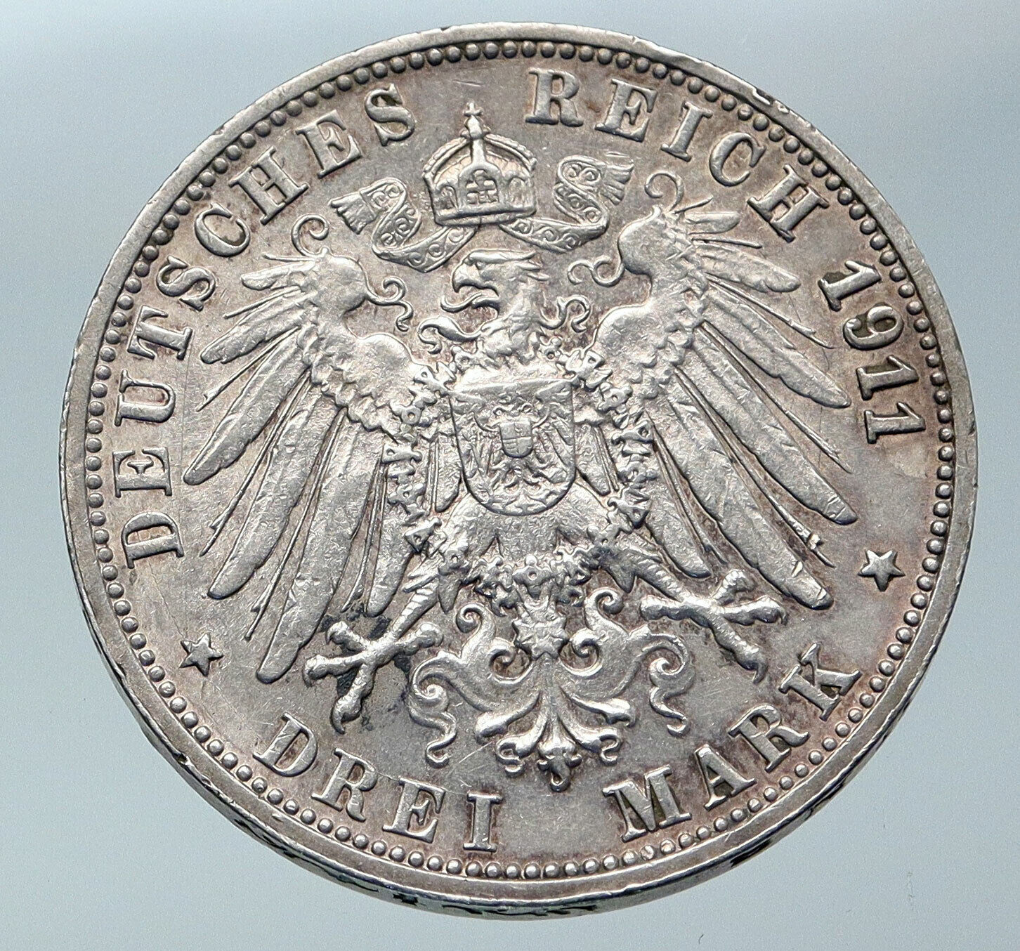 1911 WURTTEMBERG KINGDOM Germany WILHELM II Wedding Silver 3 Mark Coin i85847