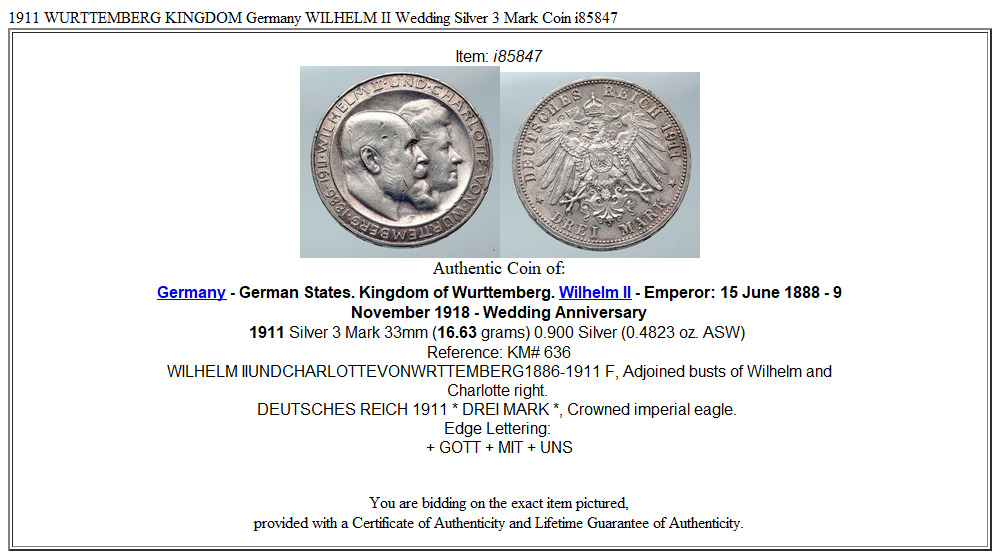 1911 WURTTEMBERG KINGDOM Germany WILHELM II Wedding Silver 3 Mark Coin i85847