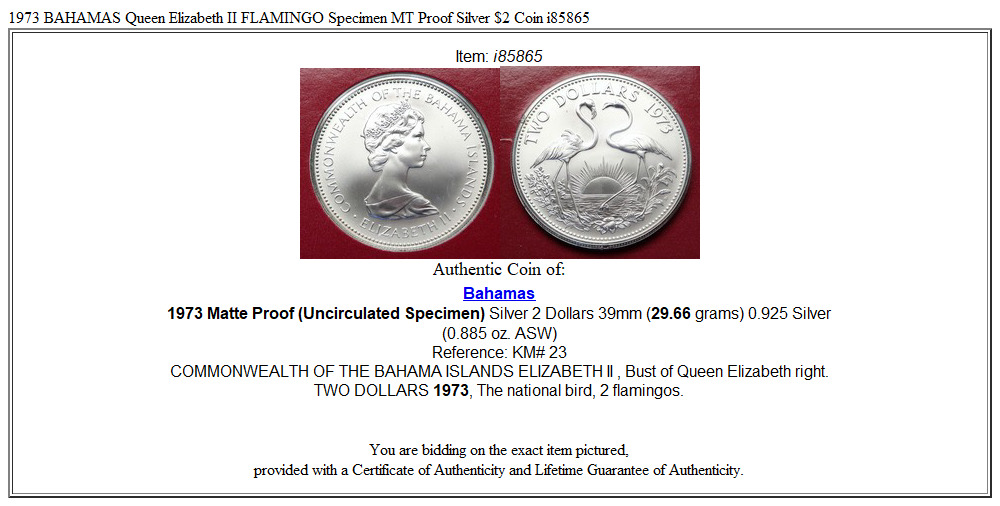 1973 BAHAMAS Queen Elizabeth II FLAMINGO Specimen MT Proof Silver $2 Coin i85865