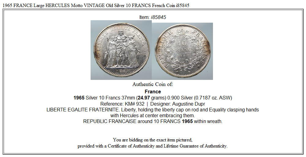 1965 FRANCE Large HERCULES Motto VINTAGE Old Silver 10 FRANCS French Coin i85845