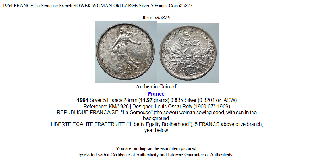 1964 FRANCE La Semeuse French SOWER WOMAN Old LARGE Silver 5 Francs Coin i85875