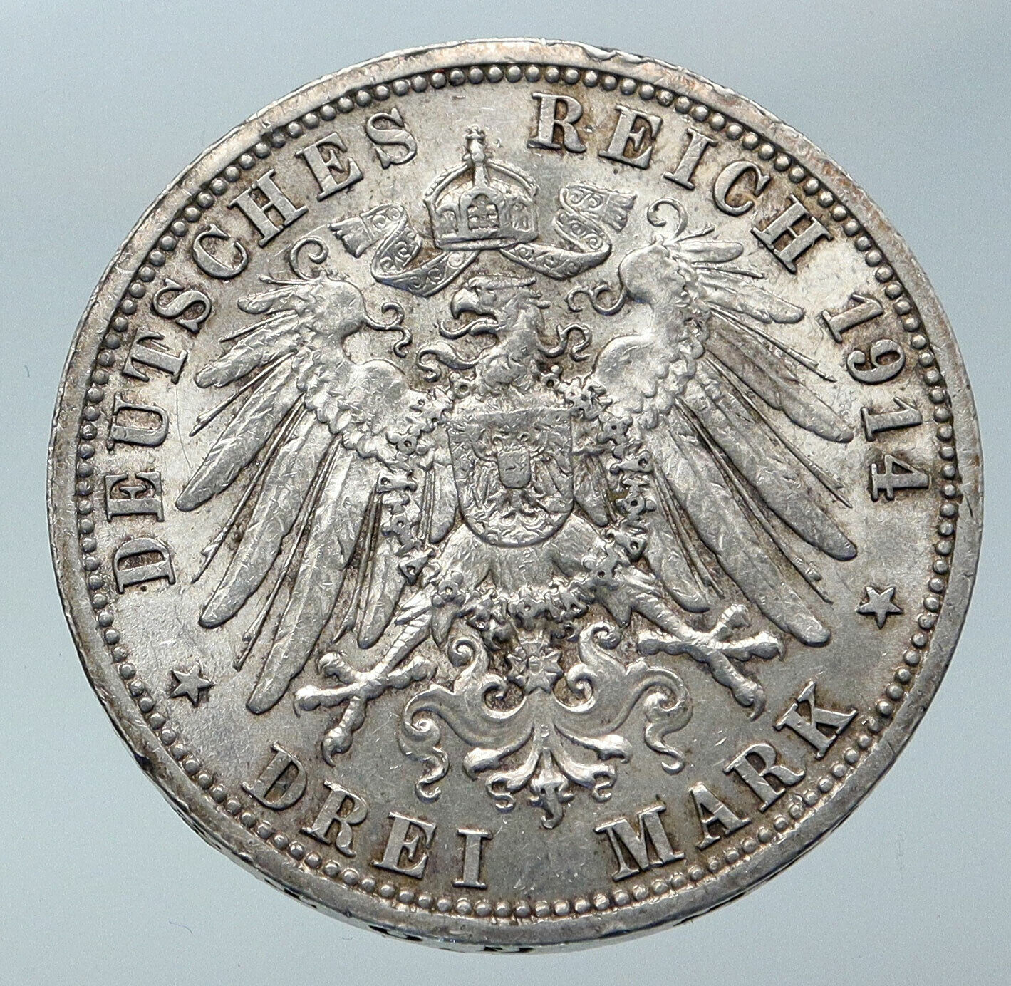 1914 GERMANY GERMAN STATES PRUSSIA WILHELM II Genuine Silver 3 Mark Coin i85871