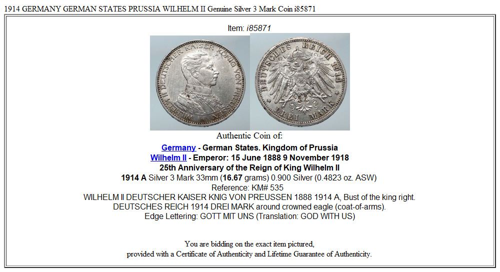 1914 GERMANY GERMAN STATES PRUSSIA WILHELM II Genuine Silver 3 Mark Coin i85871