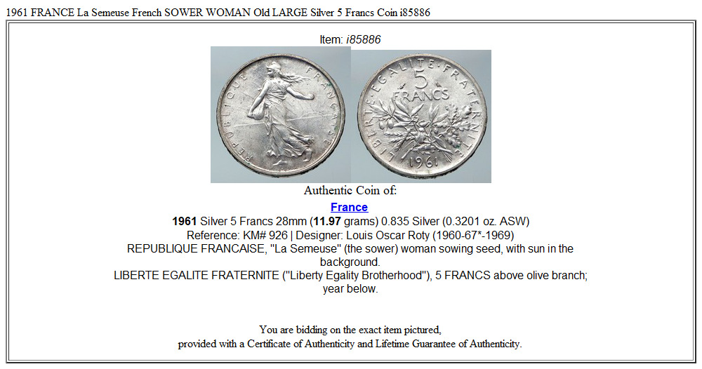 1961 FRANCE La Semeuse French SOWER WOMAN Old LARGE Silver 5 Francs Coin i85886