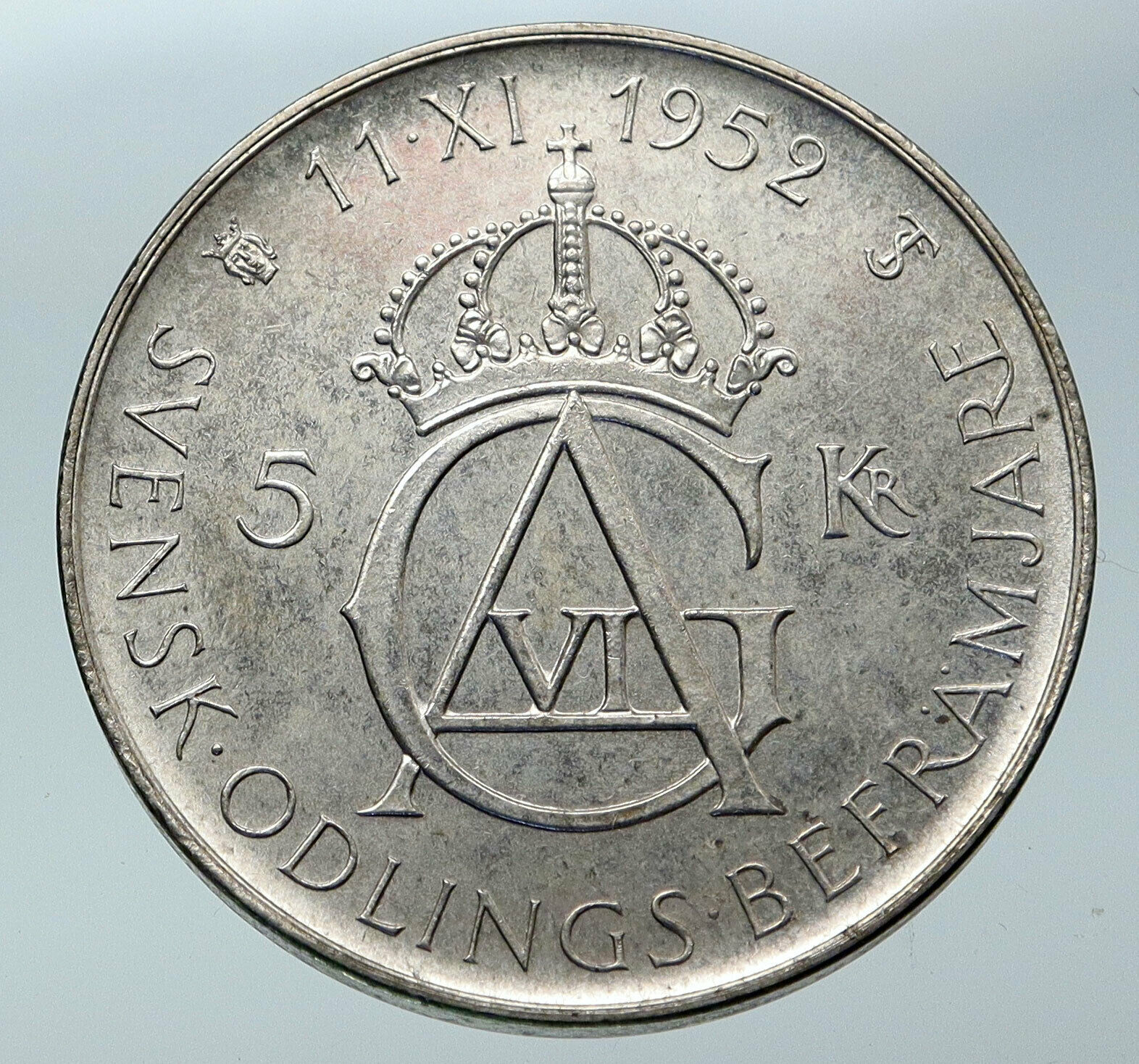 1952 SWEDEN King GUSTAV VI ADOLF 70th Birthday Silver 5 Kron SWEDISH Coin i85883