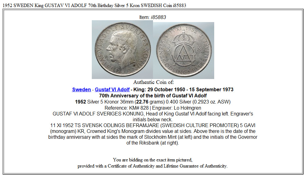 1952 SWEDEN King GUSTAV VI ADOLF 70th Birthday Silver 5 Kron SWEDISH Coin i85883