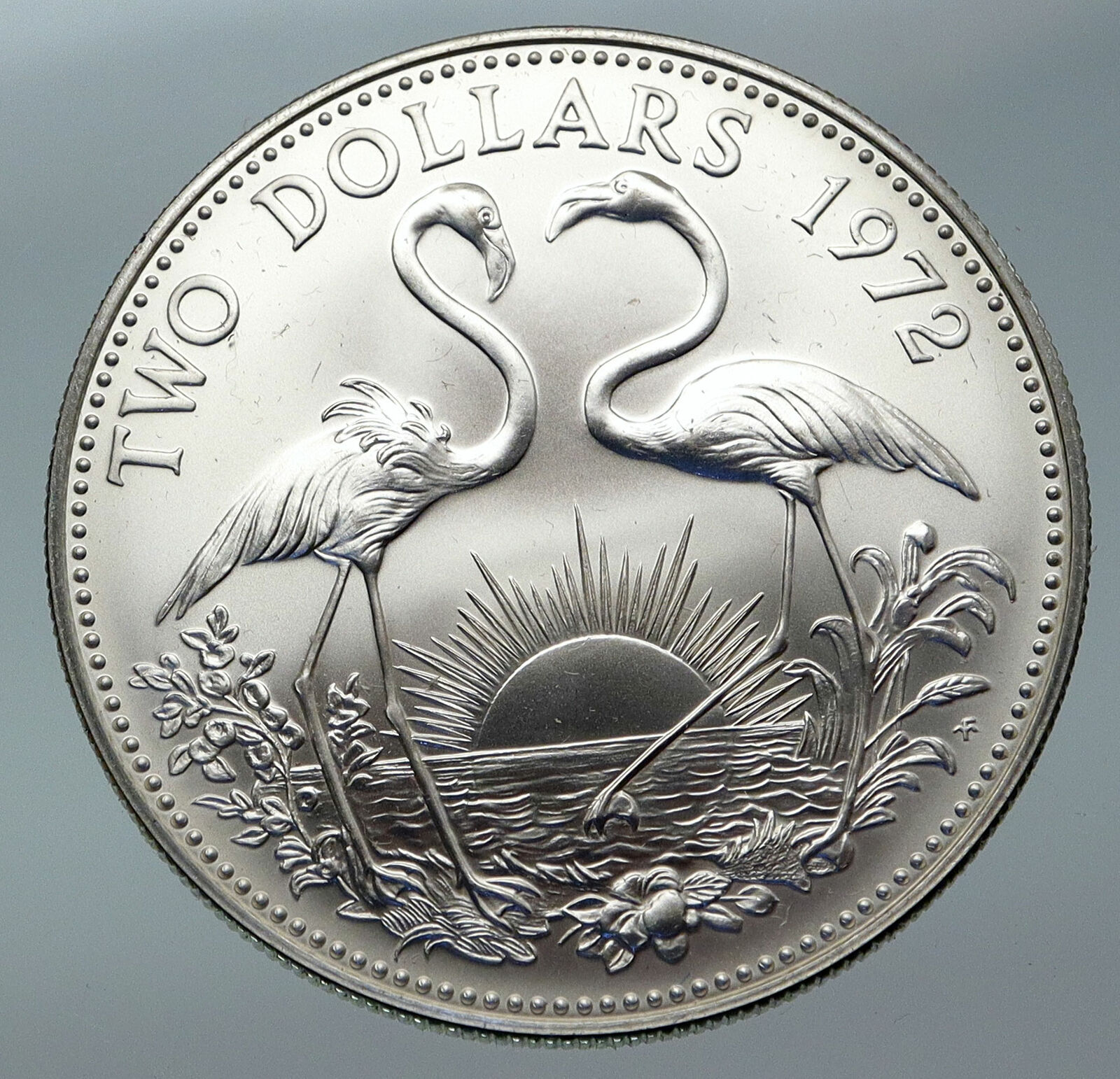 1972 The BAHAMAS SILVER 2 Dollars Large Coin Elizabeth II FLAMINGO Birds i85887