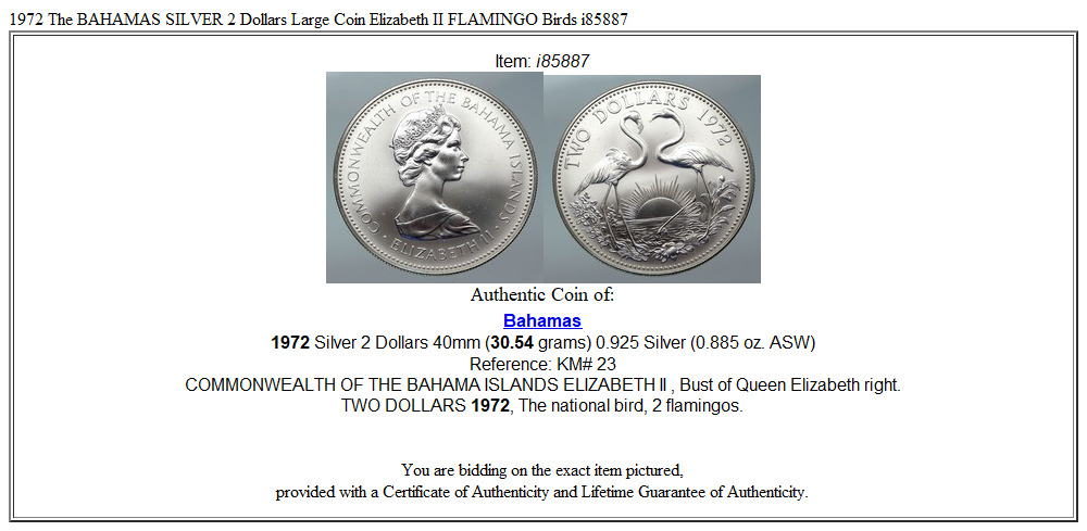 1972 The BAHAMAS SILVER 2 Dollars Large Coin Elizabeth II FLAMINGO Birds i85887