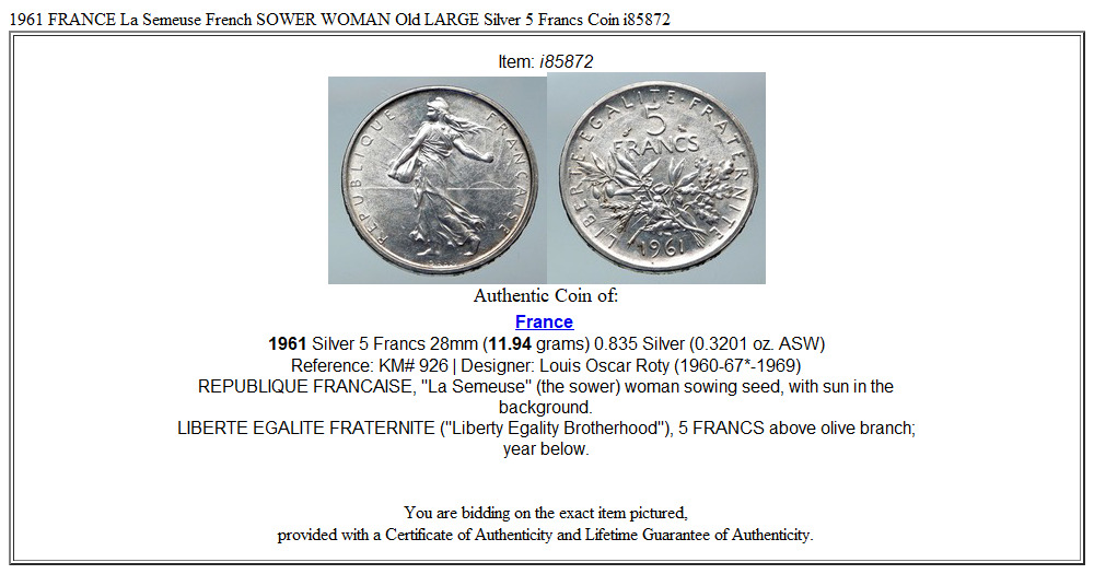 1961 FRANCE La Semeuse French SOWER WOMAN Old LARGE Silver 5 Francs Coin i85872