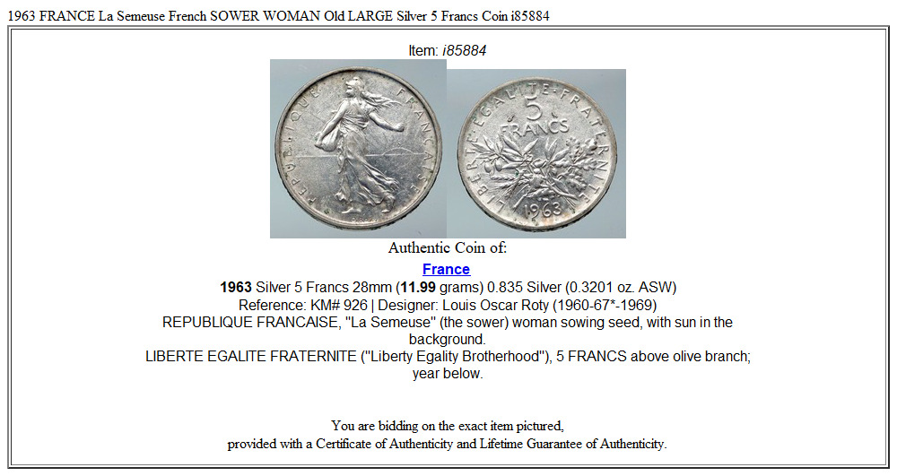 1963 FRANCE La Semeuse French SOWER WOMAN Old LARGE Silver 5 Francs Coin i85884