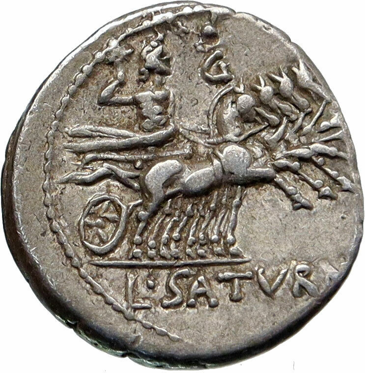 Roman Republic 104BC Rome Ancient Silver Coin ROMA SATURN CHARIOT i85691