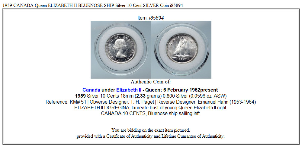 1959 CANADA Queen ELIZABETH II BLUENOSE SHIP Silver 10 Cent SILVER Coin i85894