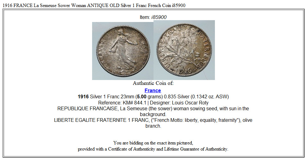 1916 FRANCE La Semeuse Sower Woman ANTIQUE OLD Silver 1 Franc French Coin i85900