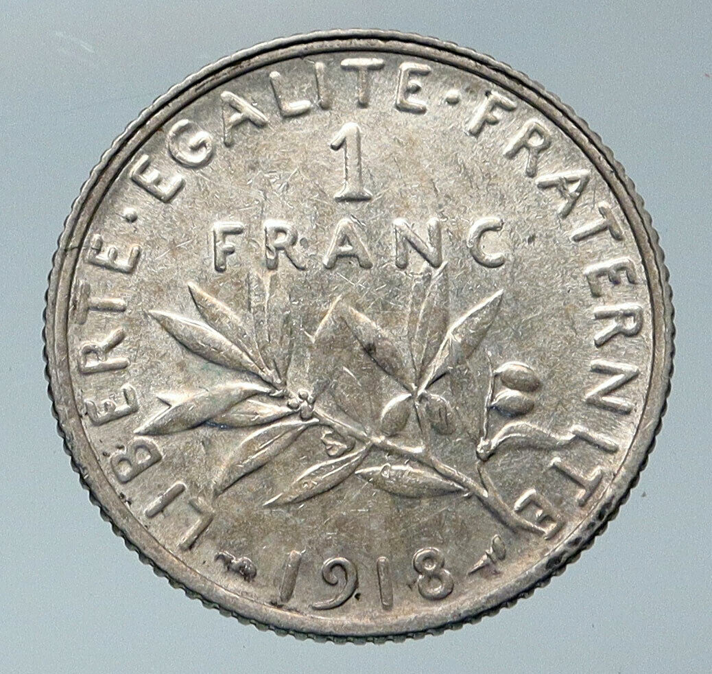 1918 FRANCE La Semeuse Sower Woman ANTIQUE OLD Silver 1 Franc French Coin i85899