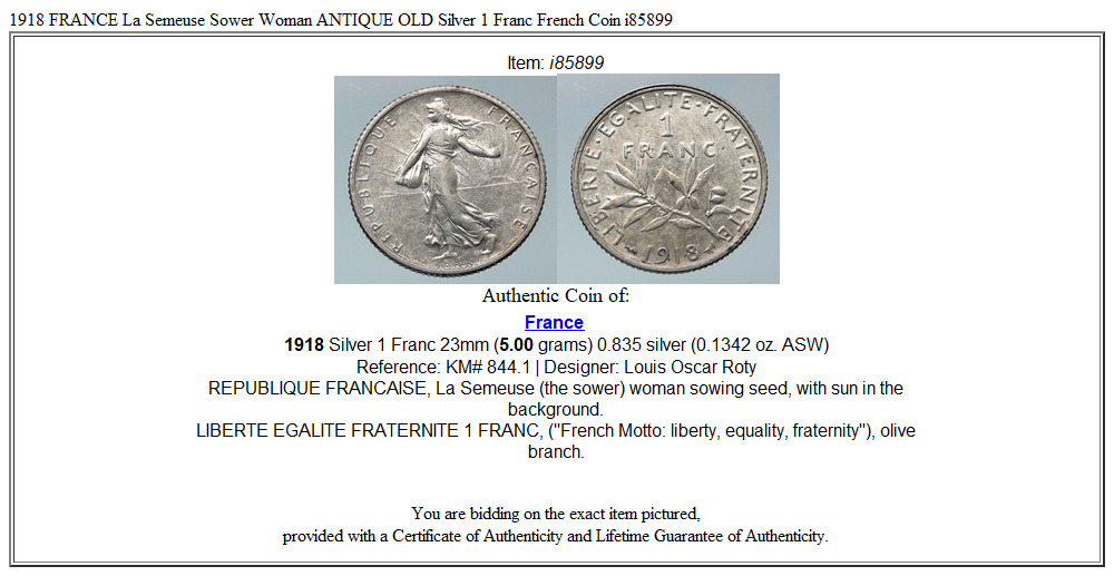 1918 FRANCE La Semeuse Sower Woman ANTIQUE OLD Silver 1 Franc French Coin i85899