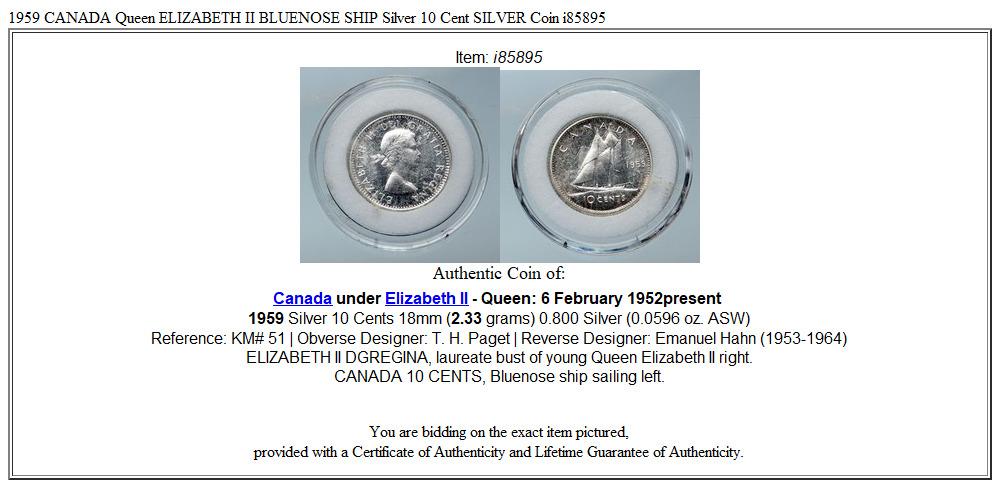 1959 CANADA Queen ELIZABETH II BLUENOSE SHIP Silver 10 Cent SILVER Coin i85895