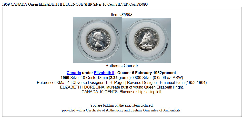 1959 CANADA Queen ELIZABETH II BLUENOSE SHIP Silver 10 Cent SILVER Coin i85893