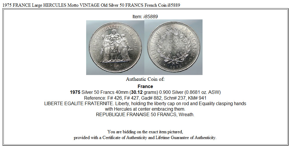 1975 FRANCE Large HERCULES Motto VINTAGE Old Silver 50 FRANCS French Coin i85889