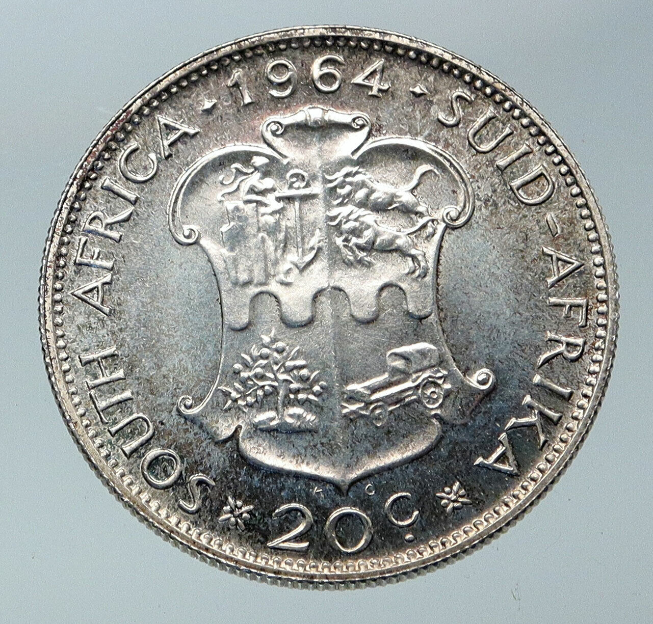 1964 SOUTH AFRICA Queen Elizabeth II Riebeeck Genuine Silver 20 Cent Coin i85904