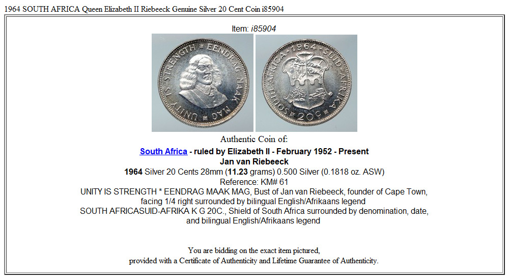 1964 SOUTH AFRICA Queen Elizabeth II Riebeeck Genuine Silver 20 Cent Coin i85904