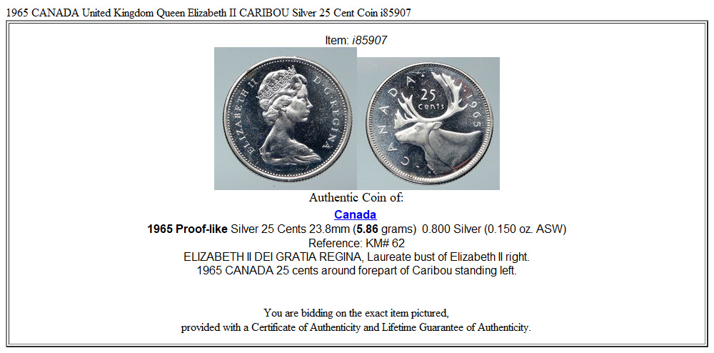 1965 CANADA United Kingdom Queen Elizabeth II CARIBOU Silver 25 Cent Coin i85907