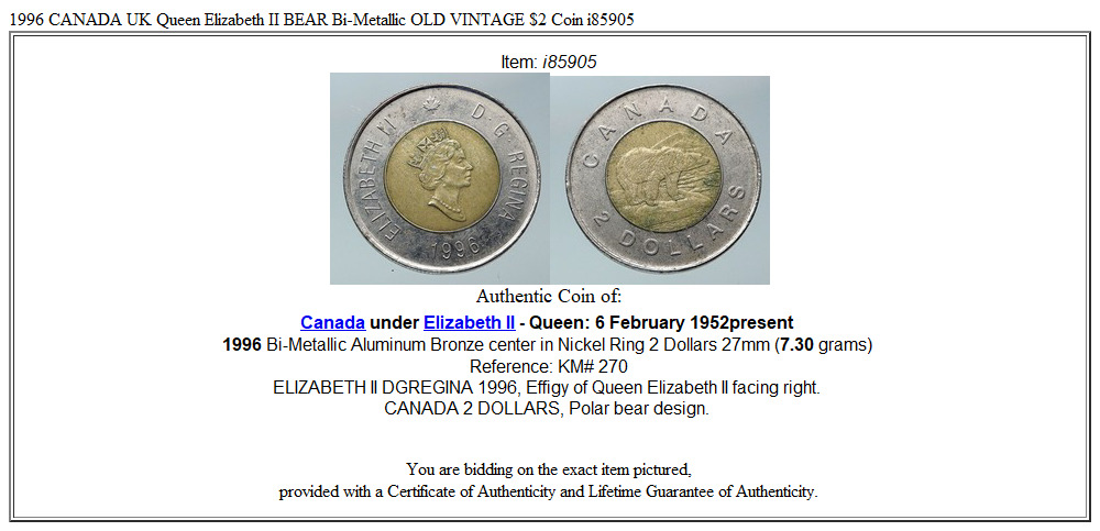 1996 CANADA UK Queen Elizabeth II BEAR Bi-Metallic OLD VINTAGE $2 Coin i85905