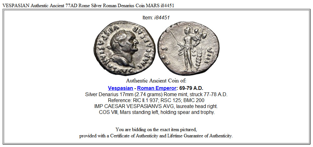 VESPASIAN Authentic Ancient 77AD Rome Silver Roman Denarius Coin MARS i84451