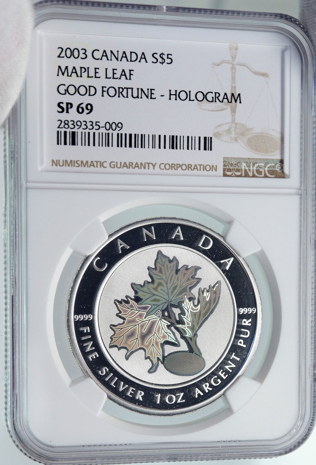 2003 CANADA UK Elizabeth II MAPLE w/ HOLOGRAM Silver $5 Coin Specimen NGC i85973