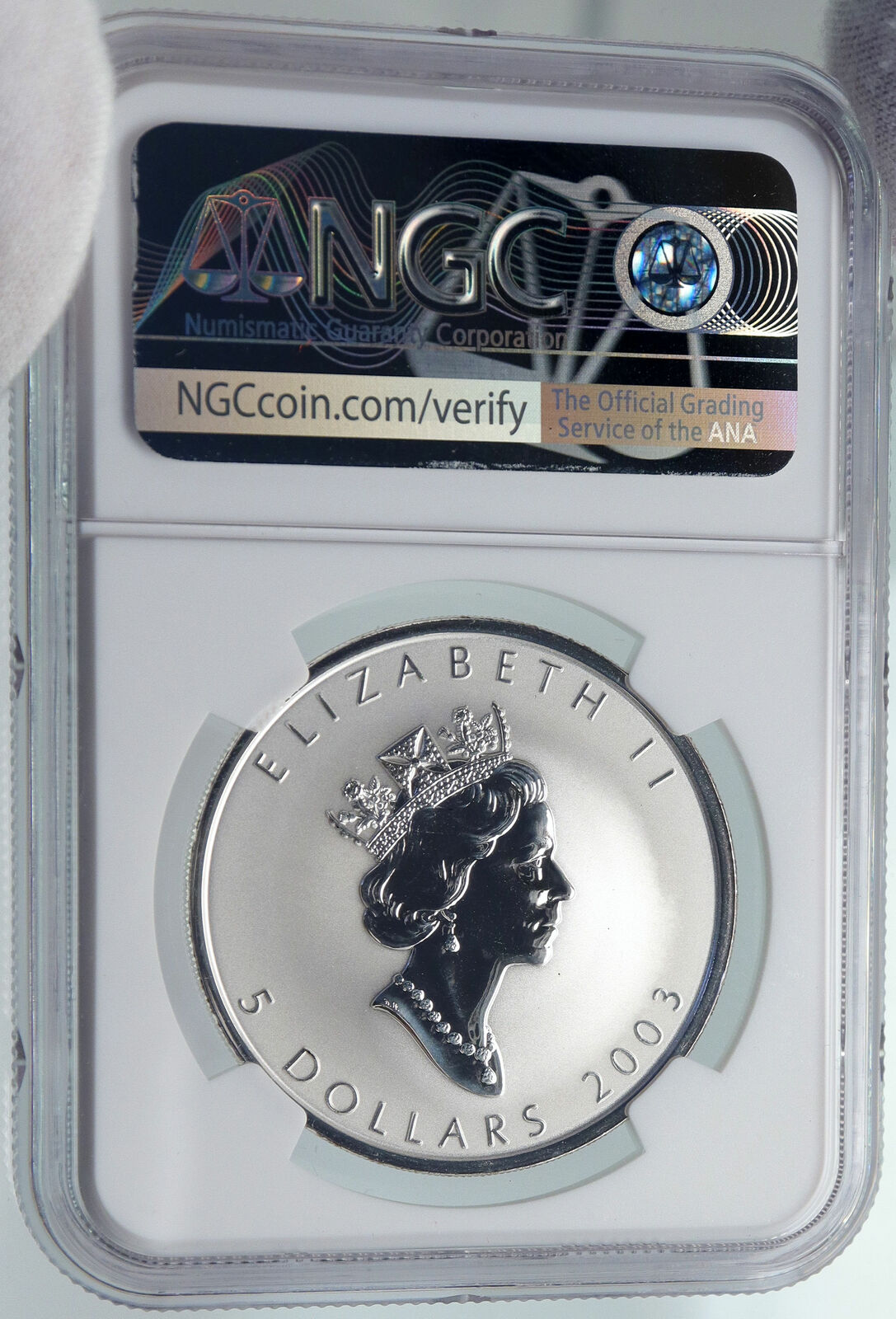 2003 CANADA UK Elizabeth II MAPLE w/ HOLOGRAM Silver $5 Coin Specimen NGC i85973