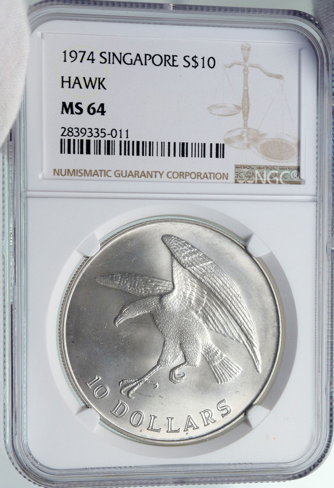 1974 SINGAPORE w Sea Eagle Genuine VINTAGE OLD Silver 10 Dollars Coin NGC i85975