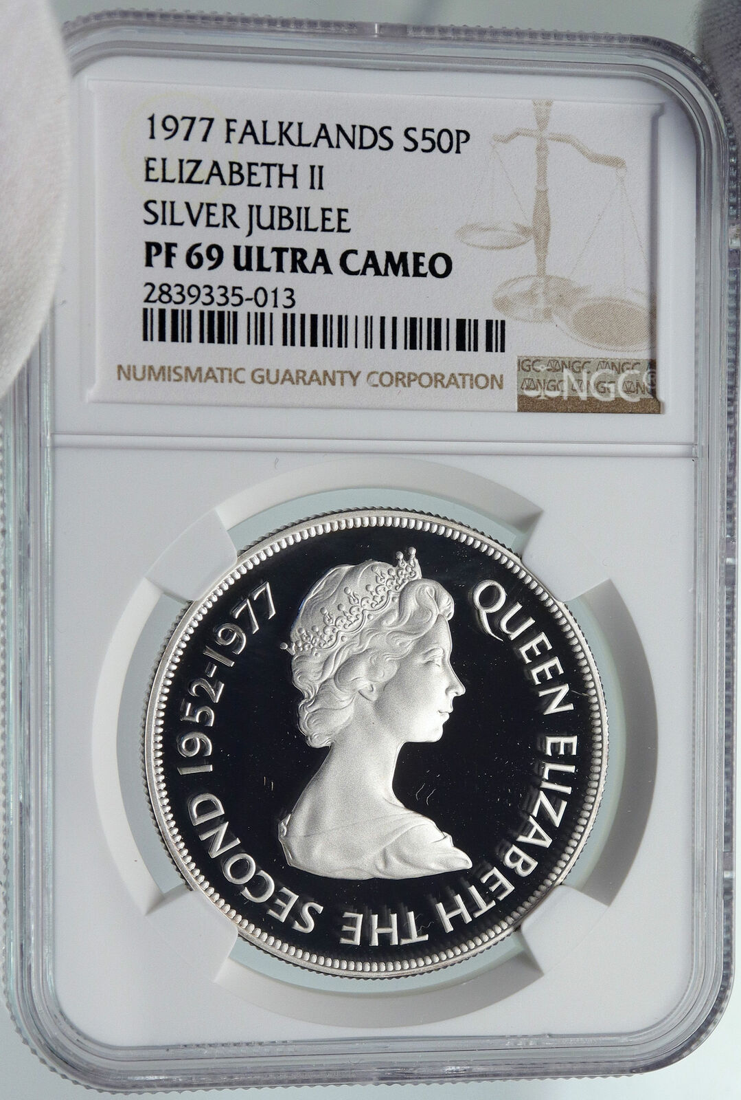 1977 FALKLAND ISLANDS Elizabeth II JUBILEE Proof Silver 50 Pence Coin NGC i85977